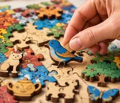 A bird-shaped wooden piece being placed in a jigsaw
